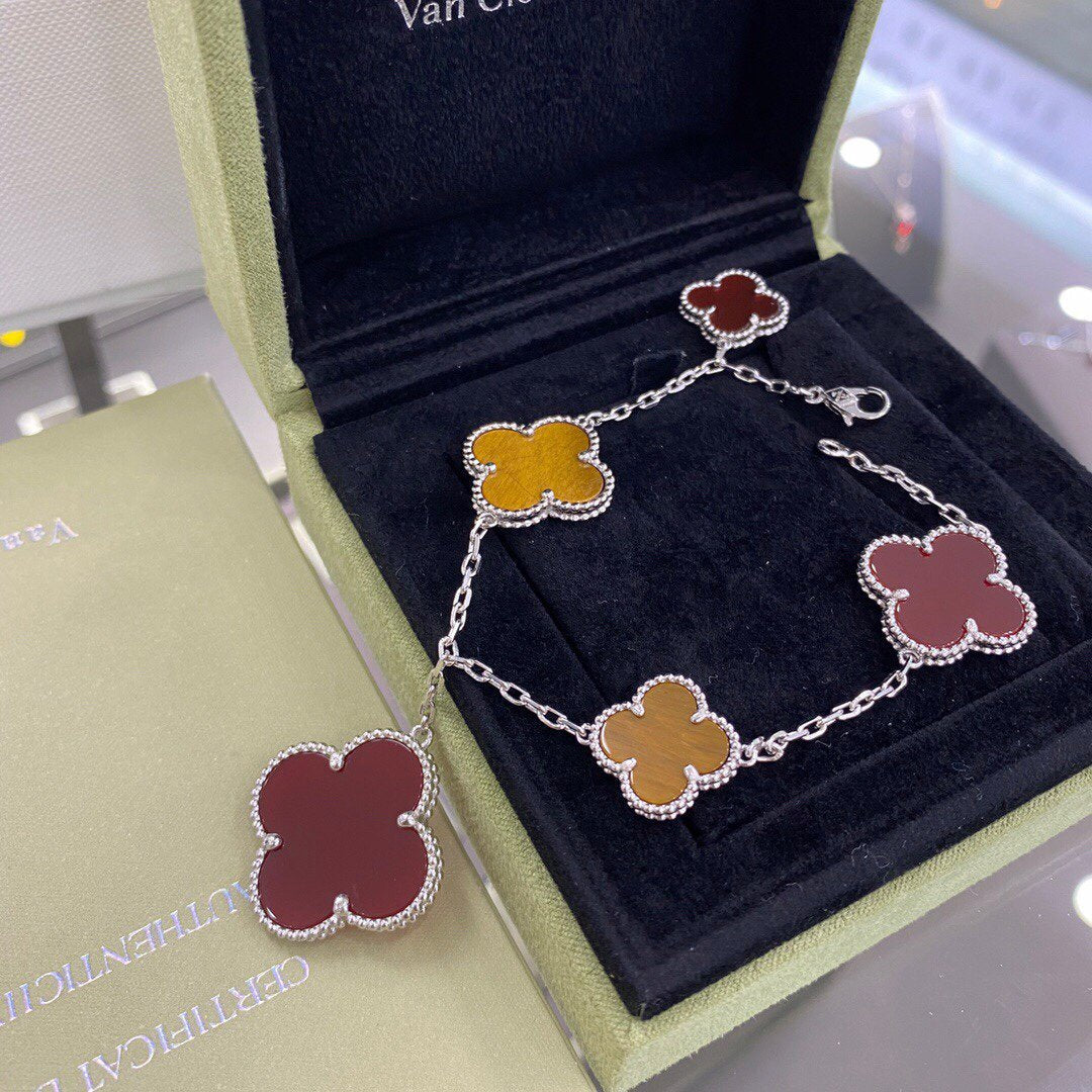 [Lumi Jewelry]CLOVER 5 MOTIFS SIVLER CARNELIAN TIGER EYE BRACELET