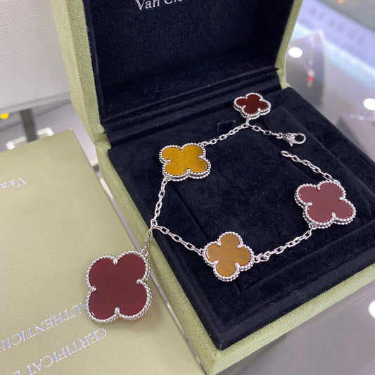 [Lumi Jewelry]CLOVER 5 MOTIFS SIVLER CARNELIAN TIGER EYE BRACELET