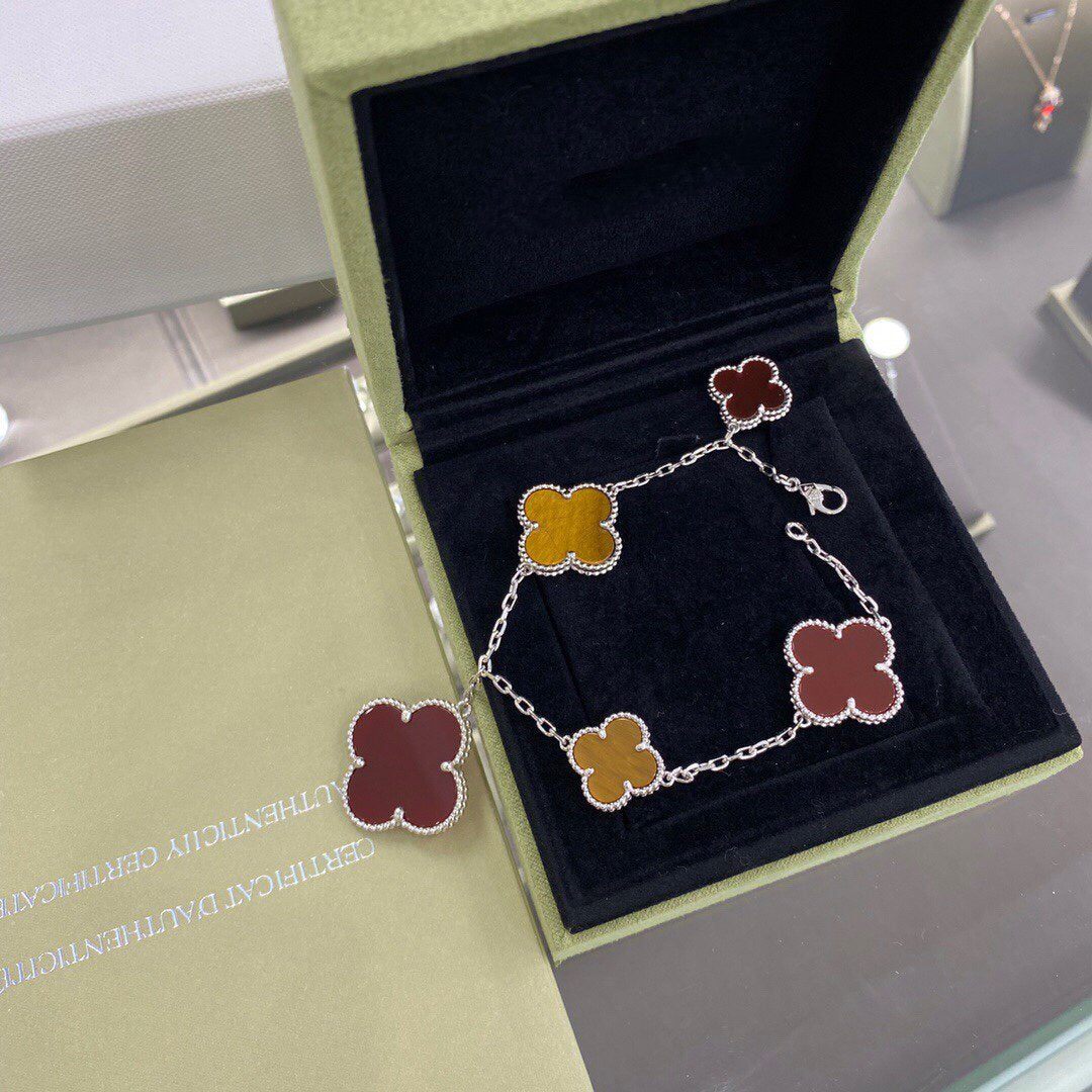 [Lumi Jewelry]CLOVER 5 MOTIFS SIVLER CARNELIAN TIGER EYE BRACELET