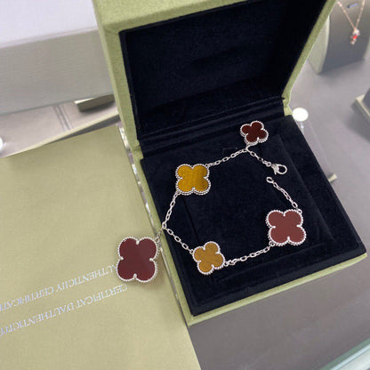 [Lumi Jewelry]CLOVER 5 MOTIFS SIVLER CARNELIAN TIGER EYE BRACELET