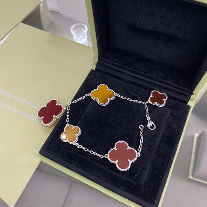 [Lumi Jewelry]CLOVER 5 MOTIFS SIVLER CARNELIAN TIGER EYE BRACELET