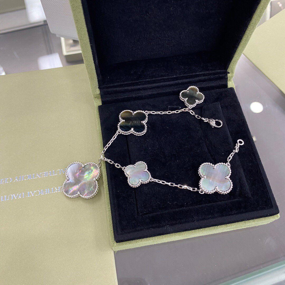 [Lumi Jewelry]CLOVER 5 MOTIFS SIVLER DARK MOP BRACELET
