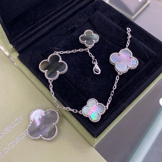 [Lumi Jewelry]CLOVER 5 MOTIFS SIVLER DARK MOP BRACELET
