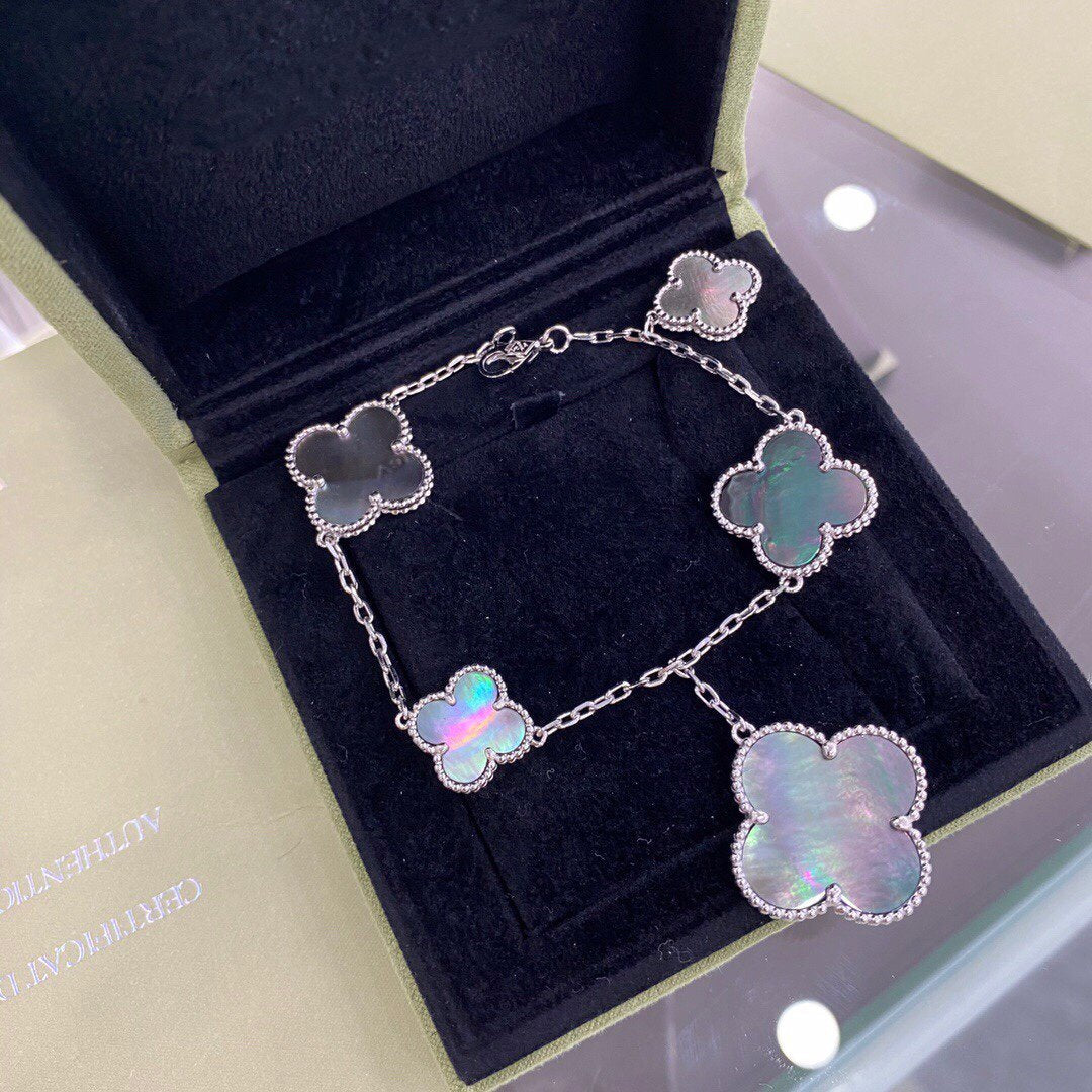 [Lumi Jewelry]CLOVER 5 MOTIFS SIVLER DARK MOP BRACELET