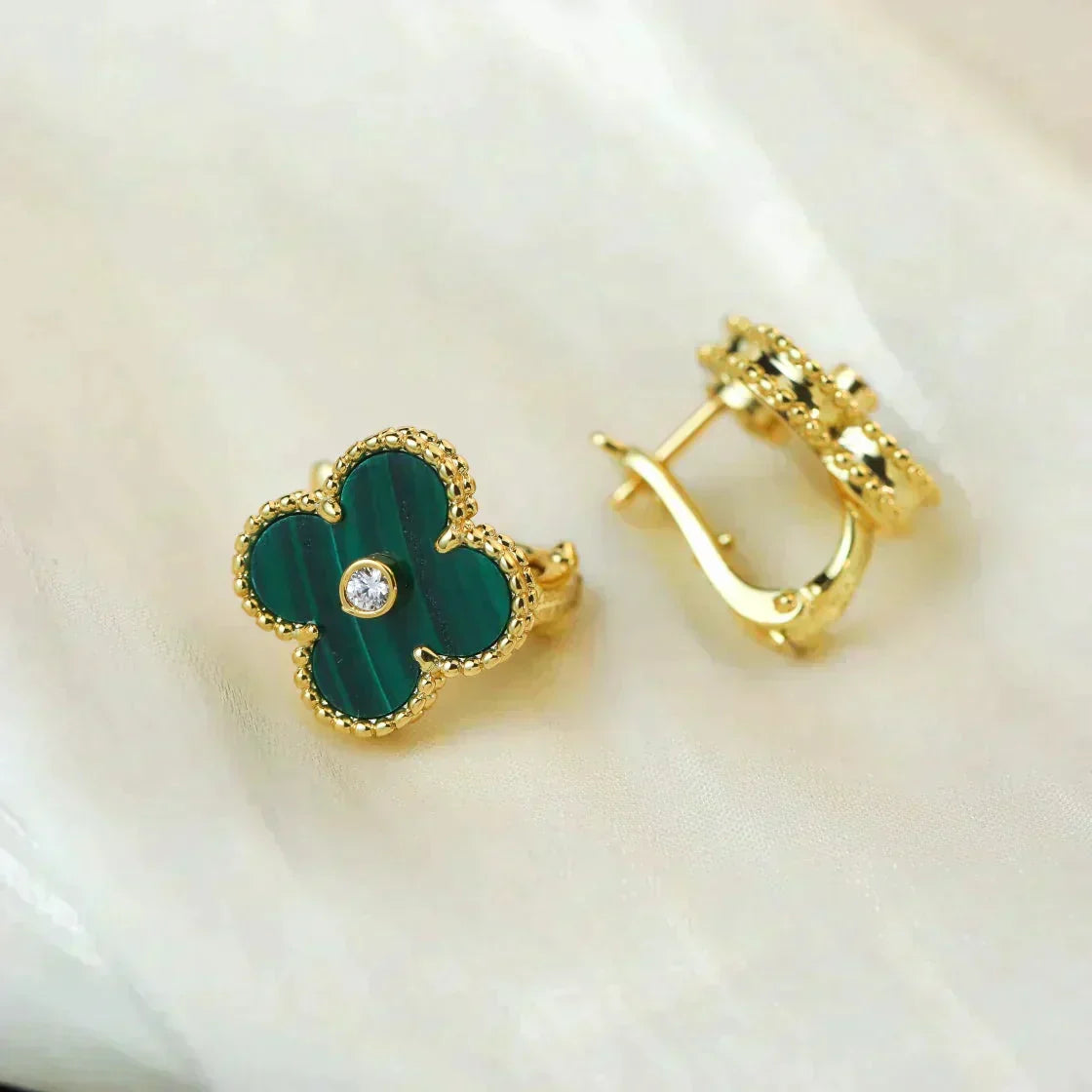 [Lumi Jewelry]CLOVER MEDIUM 1 MOTIFS MALACHITE DIAMOND EARRINGS