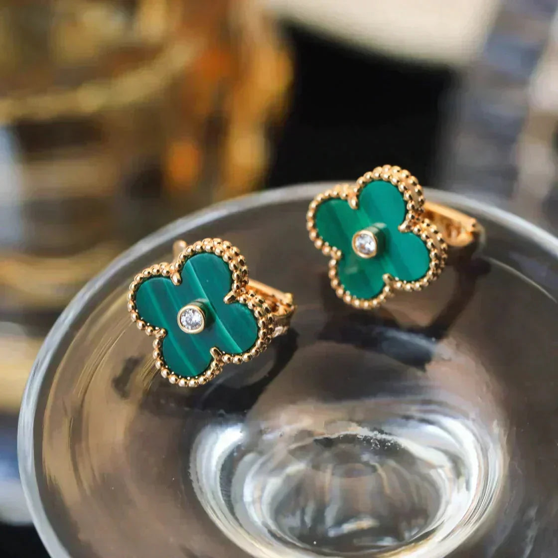 [Lumi Jewelry]CLOVER MEDIUM 1 MOTIFS MALACHITE DIAMOND EARRINGS
