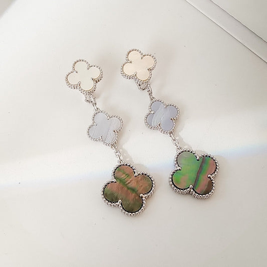 [Lumi Jewelry]CLOVER 3 MOTIFS CHALCEDONY DARK MOP SILVER EARRINGS