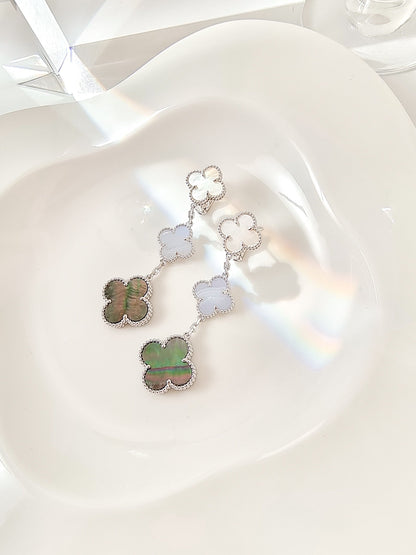 [Lumi Jewelry]CLOVER 3 MOTIFS CHALCEDONY DARK MOP SILVER EARRINGS