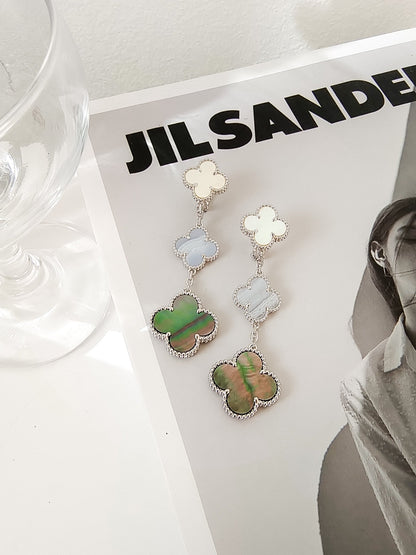 [Lumi Jewelry]CLOVER 3 MOTIFS CHALCEDONY DARK MOP SILVER EARRINGS