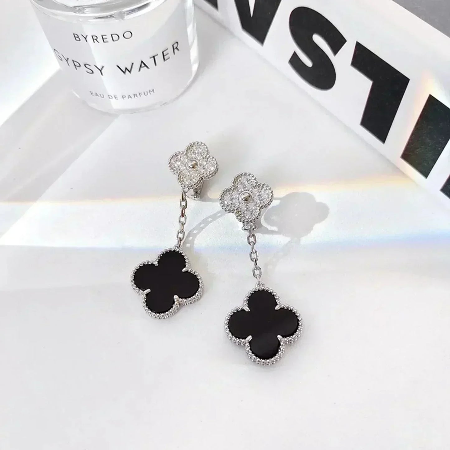 [Lumi Jewelry]CLOVER 2 MOTIFS  DIAMOND ONYX EARRINGS SILVER