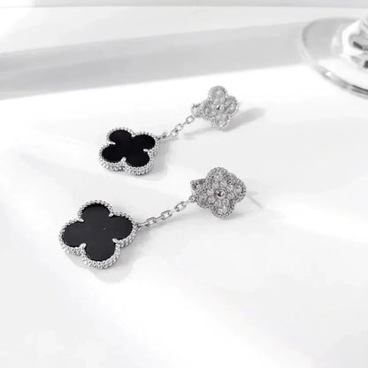 [Lumi Jewelry]CLOVER 2 MOTIFS  DIAMOND ONYX EARRINGS SILVER