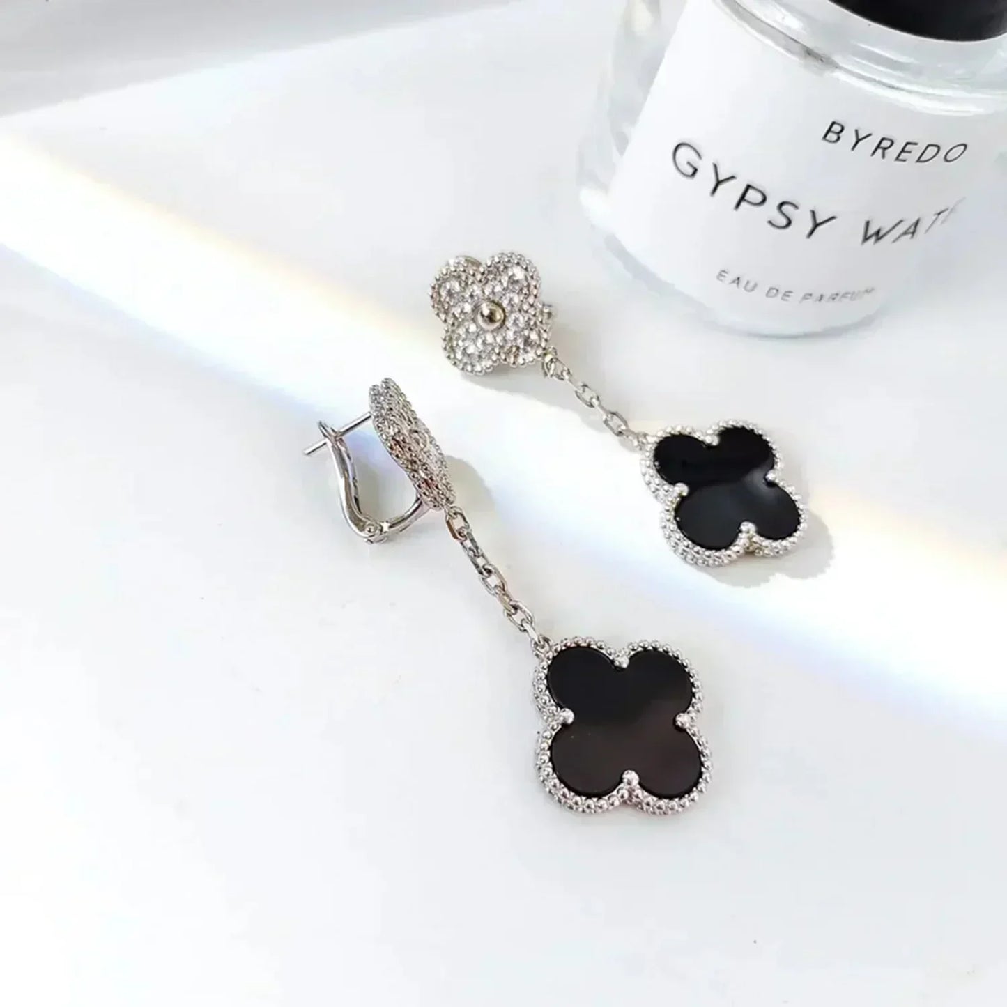 [Lumi Jewelry]CLOVER 2 MOTIFS  DIAMOND ONYX EARRINGS SILVER