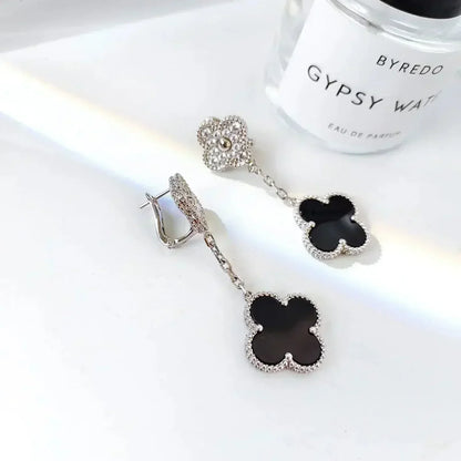 [Lumi Jewelry]CLOVER 2 MOTIFS  DIAMOND ONYX EARRINGS SILVER