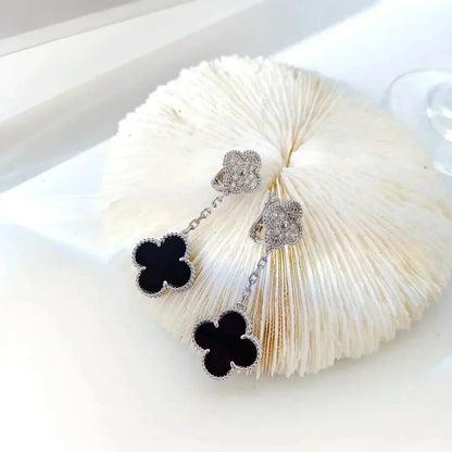 [Lumi Jewelry]CLOVER 2 MOTIFS  DIAMOND ONYX EARRINGS SILVER