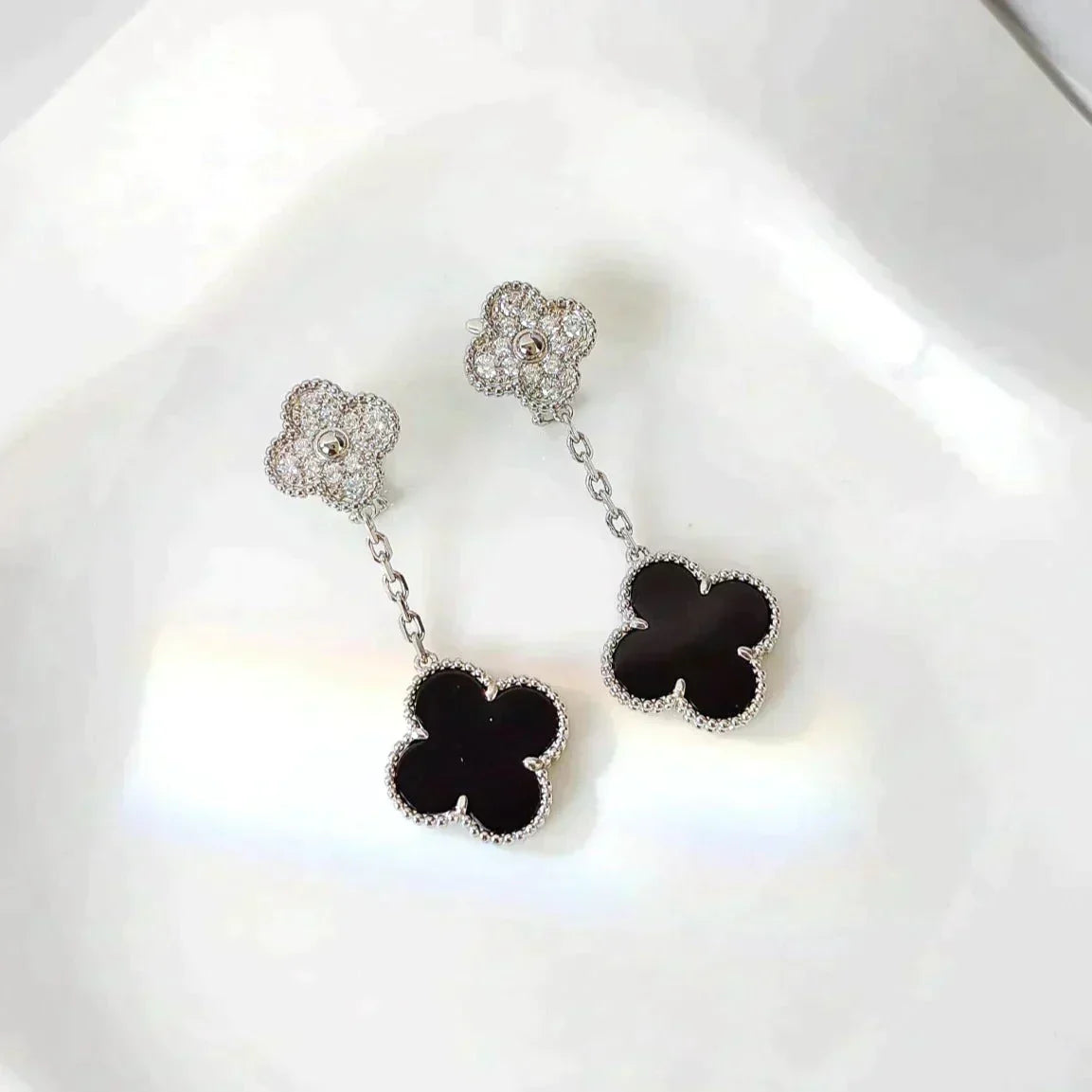 [Lumi Jewelry]CLOVER 2 MOTIFS  DIAMOND ONYX EARRINGS SILVER