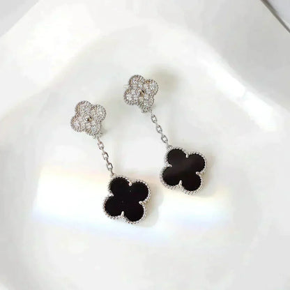 [Lumi Jewelry]CLOVER 2 MOTIFS  DIAMOND ONYX EARRINGS SILVER