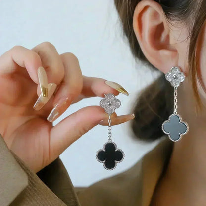 [Lumi Jewelry]CLOVER 2 MOTIFS  DIAMOND ONYX EARRINGS SILVER