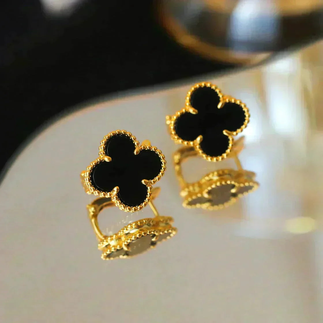 [Lumi Jewelry]CLOVER MEDIUM 1 MOTIFS  ONYX STUD EARRINGS