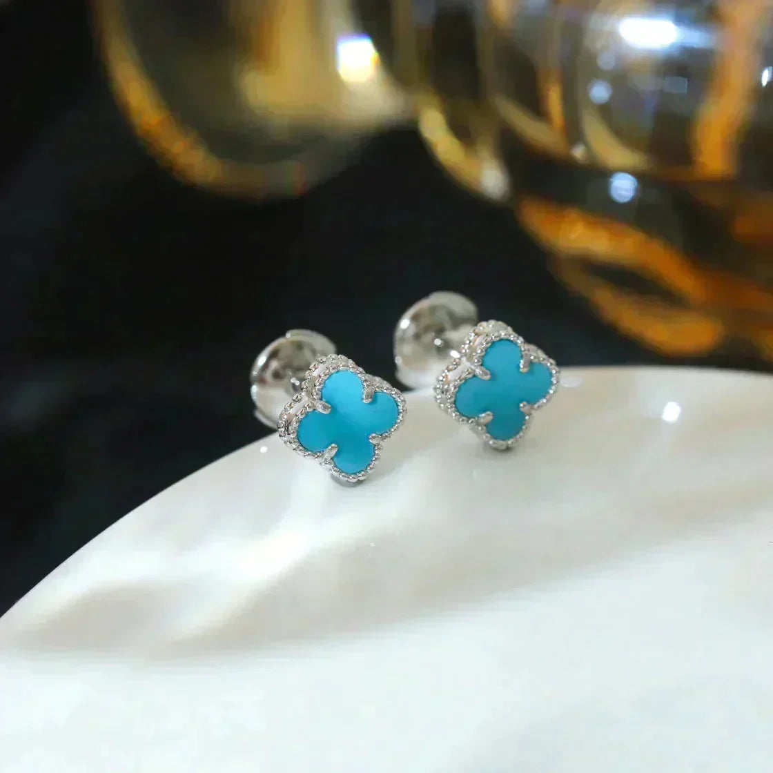 [Lumi Jewelry]CLOVER MINI 9.5MM ONYX STUD EARRINGS SILVER