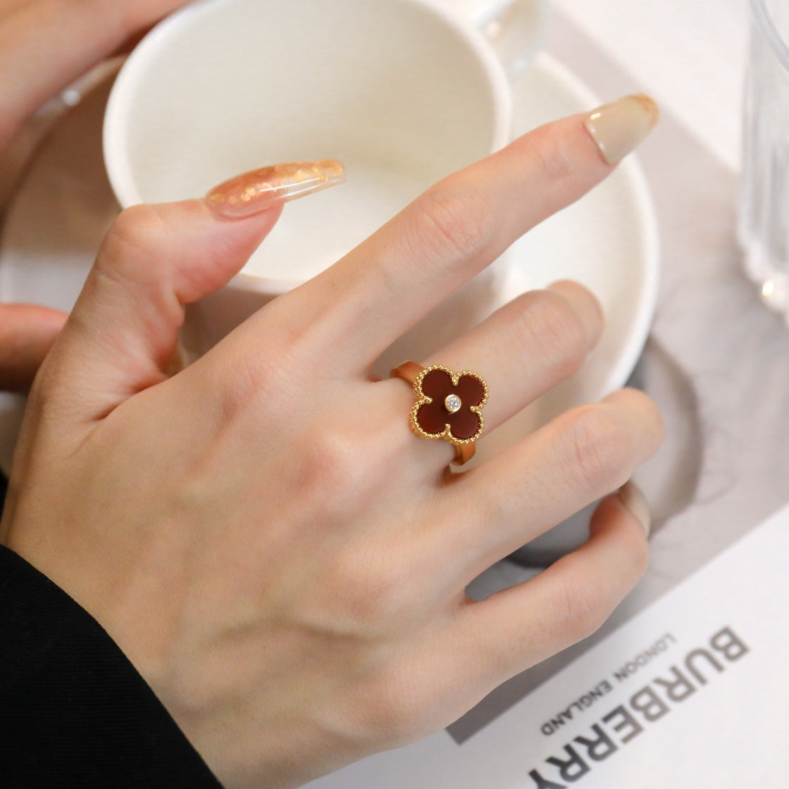 [Lumi Jewelry]CLOVER CARNELIAN RING ROSE GOLD DIAMOND