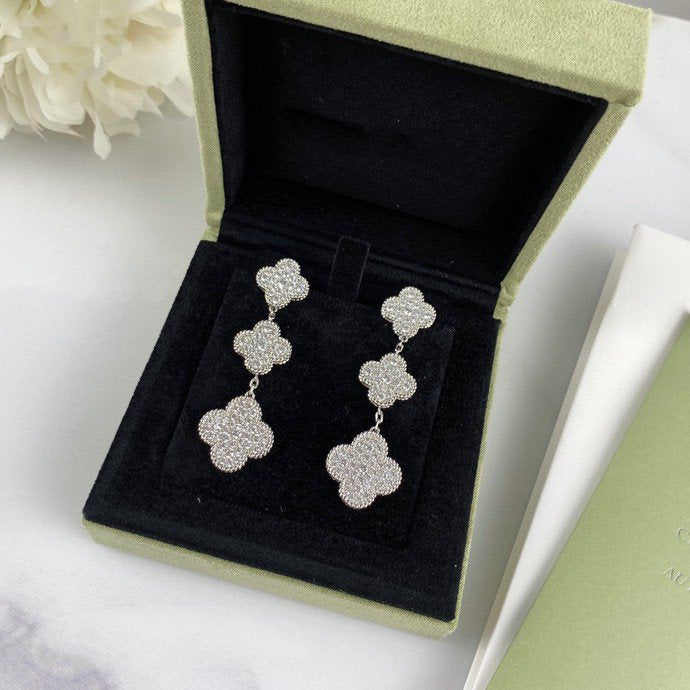 [Lumi Jewelry]CLOVER 3 MOTIF DIAMOND SILVER DROP EARRINGS