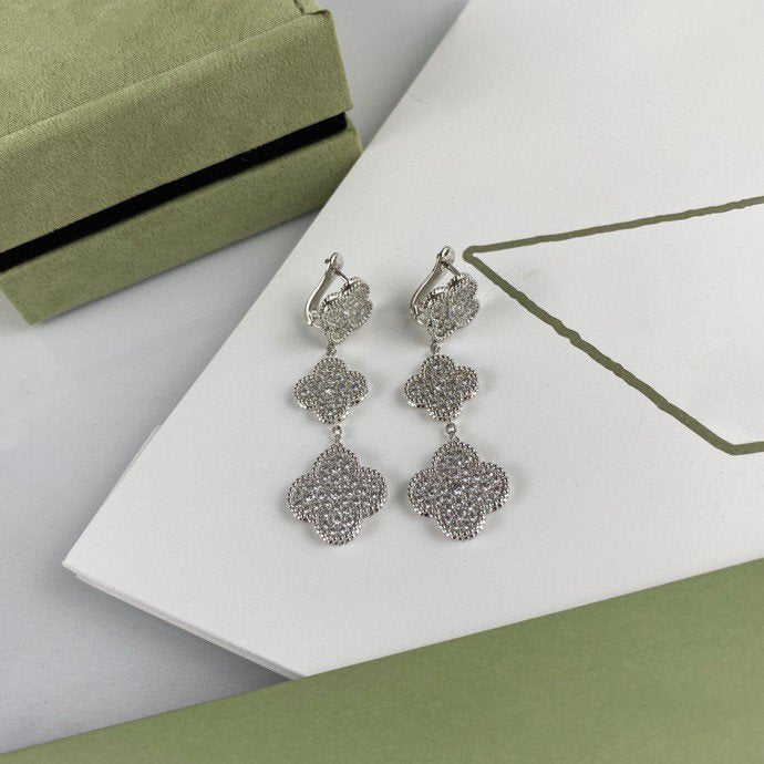 [Lumi Jewelry]CLOVER 3 MOTIF DIAMOND SILVER DROP EARRINGS