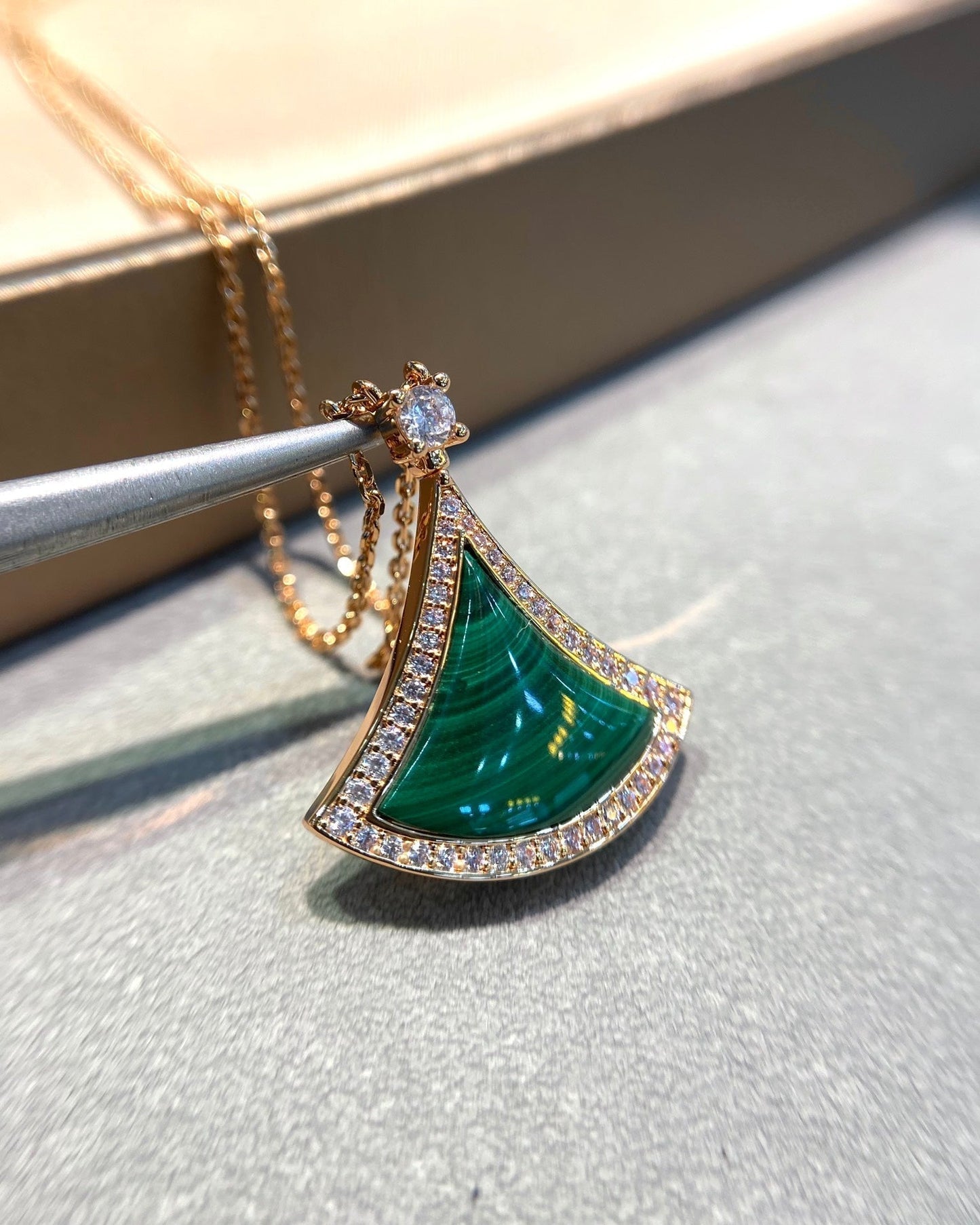 [Lumi Jewelry]DREAM MALACHITE DIAMOND PAVED PINK GOLD NECKLACE