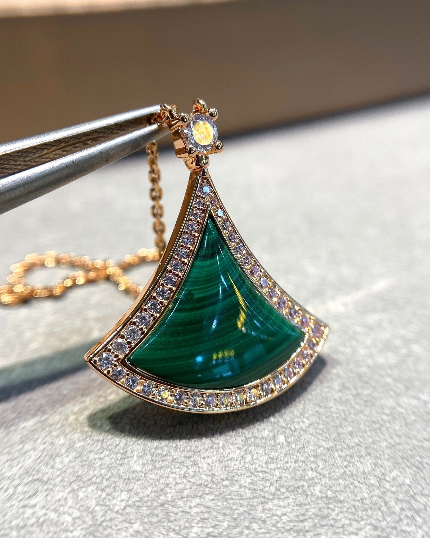 [Lumi Jewelry]DREAM MALACHITE DIAMOND PAVED PINK GOLD NECKLACE