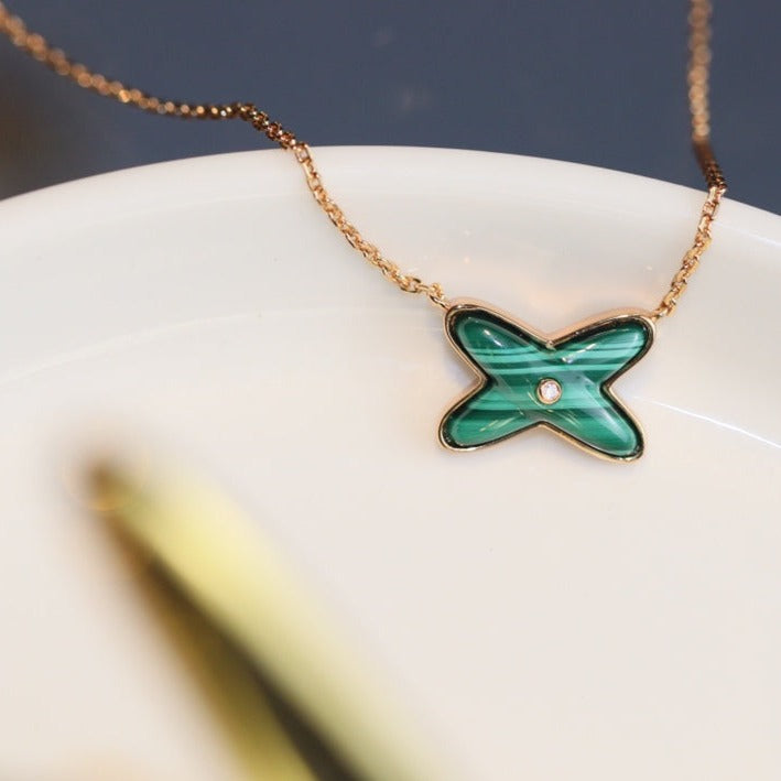 [Lumi Jewelry]JEUX MALACHITE 1 DIAMOND PINK GOLD NECKLACE