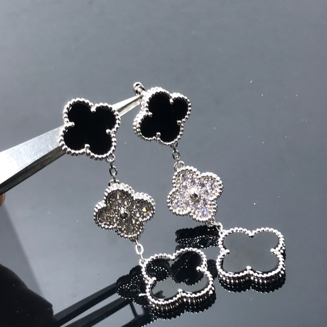 [Lumi Jewelry]CLOVER 3 MOTIF DIAMOND ONYX SILVER EARRINGS