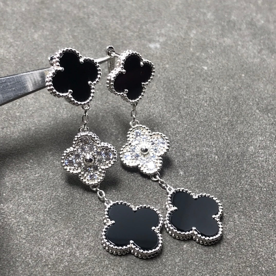 [Lumi Jewelry]CLOVER 3 MOTIF DIAMOND ONYX SILVER EARRINGS