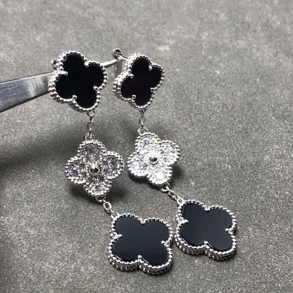 [Lumi Jewelry]CLOVER 3 MOTIF DIAMOND ONYX SILVER EARRINGS