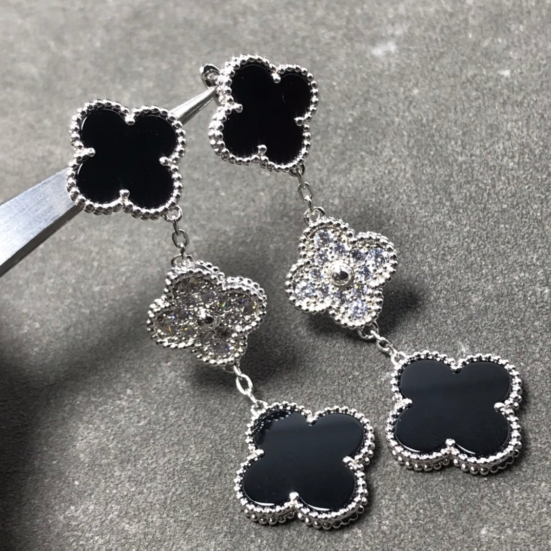 [Lumi Jewelry]CLOVER 3 MOTIF DIAMOND ONYX SILVER EARRINGS