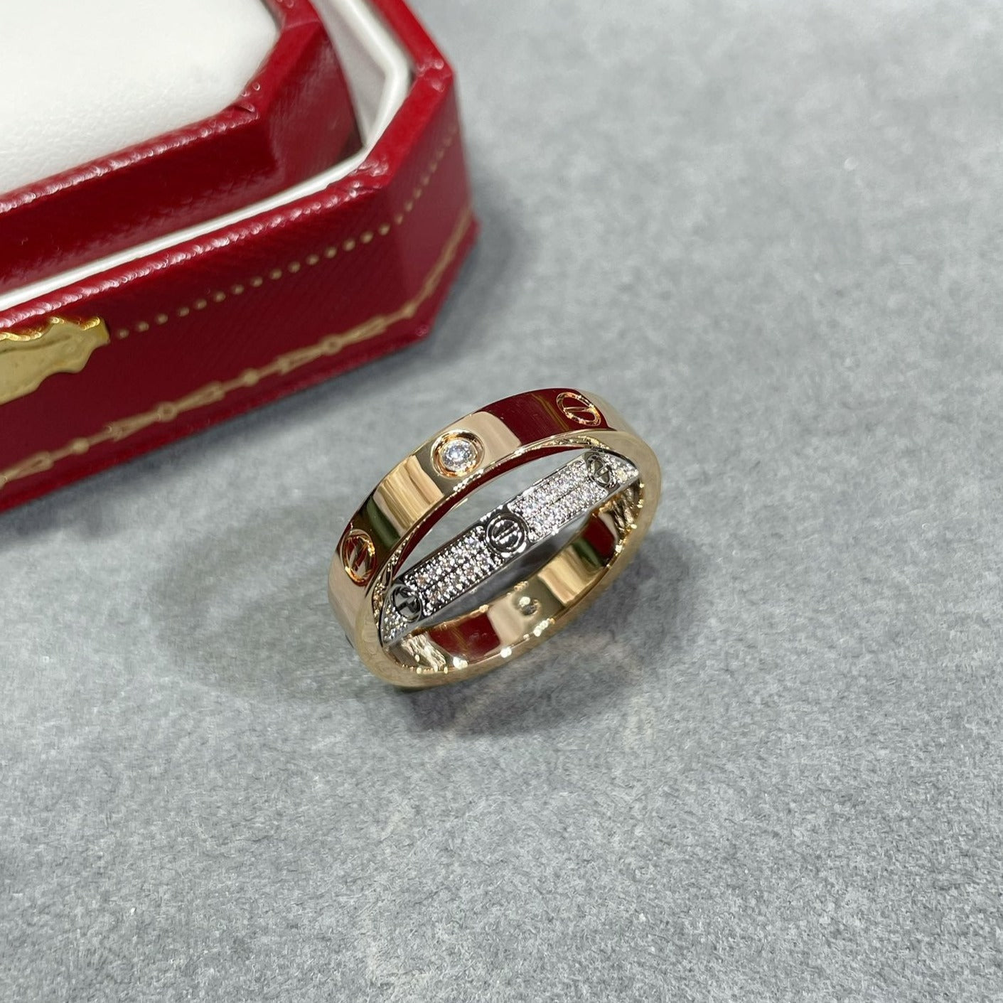 [Lumi Jewelry]LOVE PINK GOLD SILVER DIAMOND DOUBLE RING
