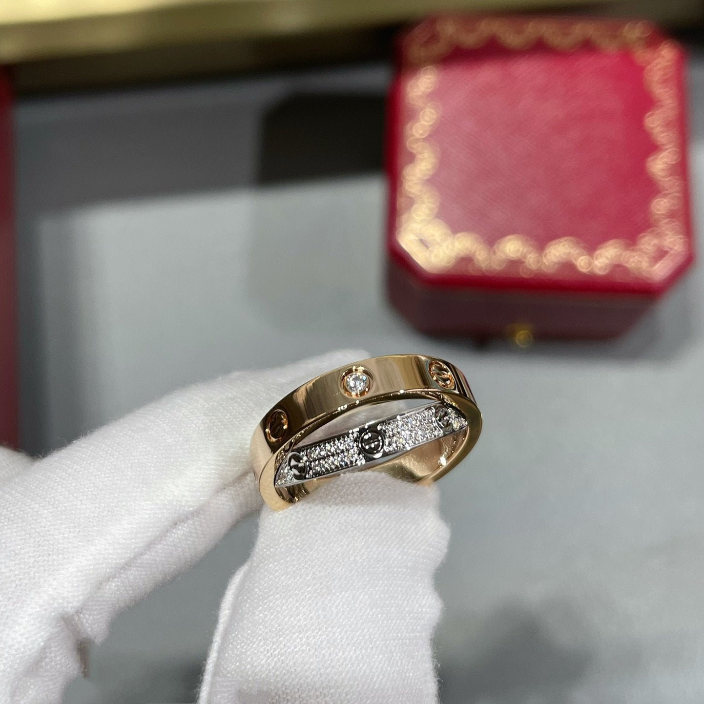 [Lumi Jewelry]LOVE PINK GOLD SILVER DIAMOND DOUBLE RING