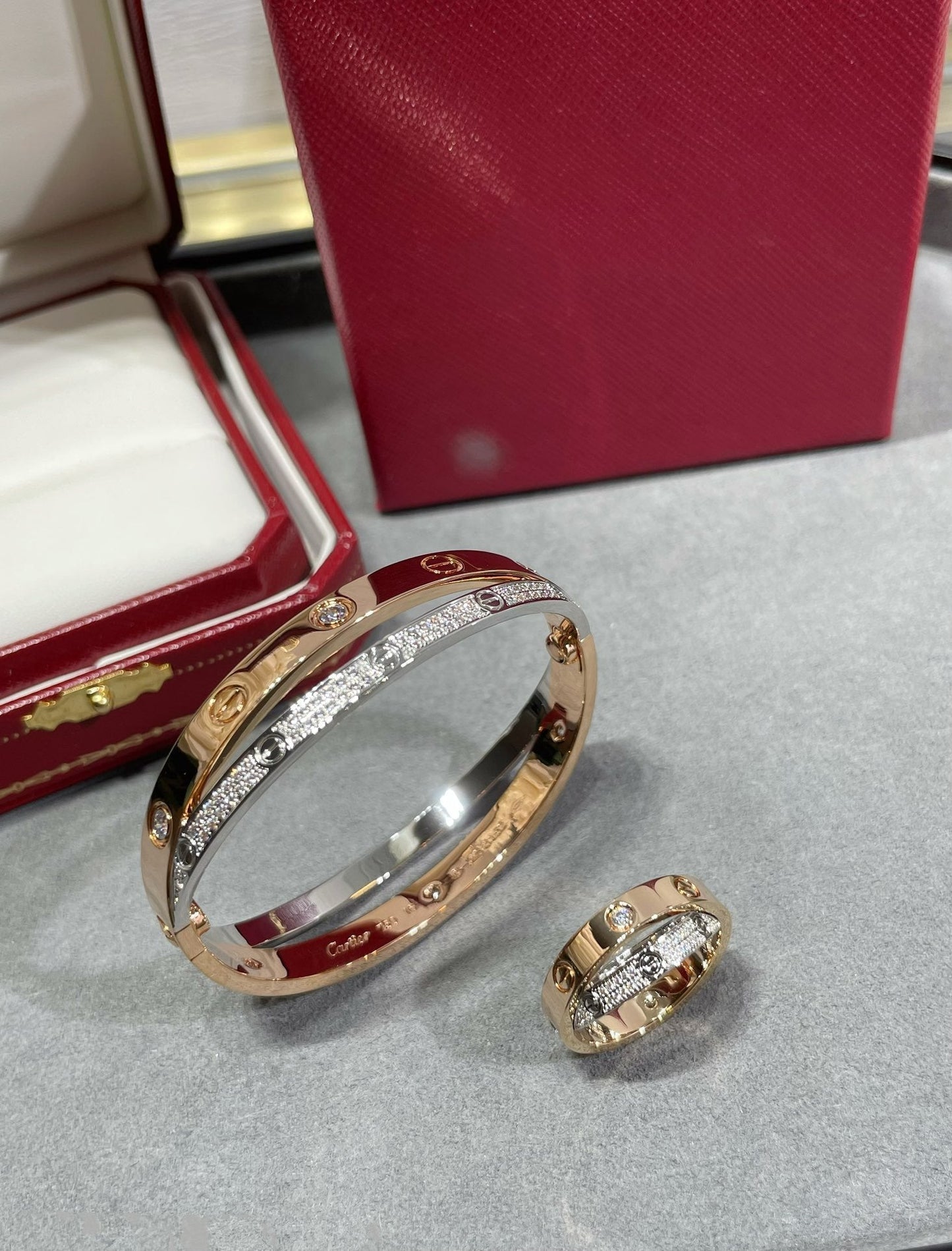 [Lumi Jewelry]LOVE PINK GOLD SILVER DIAMOND DOUBLE RING