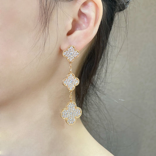 [Lumi Jewelry]CLOVER 3 MOTIFS DIAMOND PAVED ROSE GOLD EARRINGS