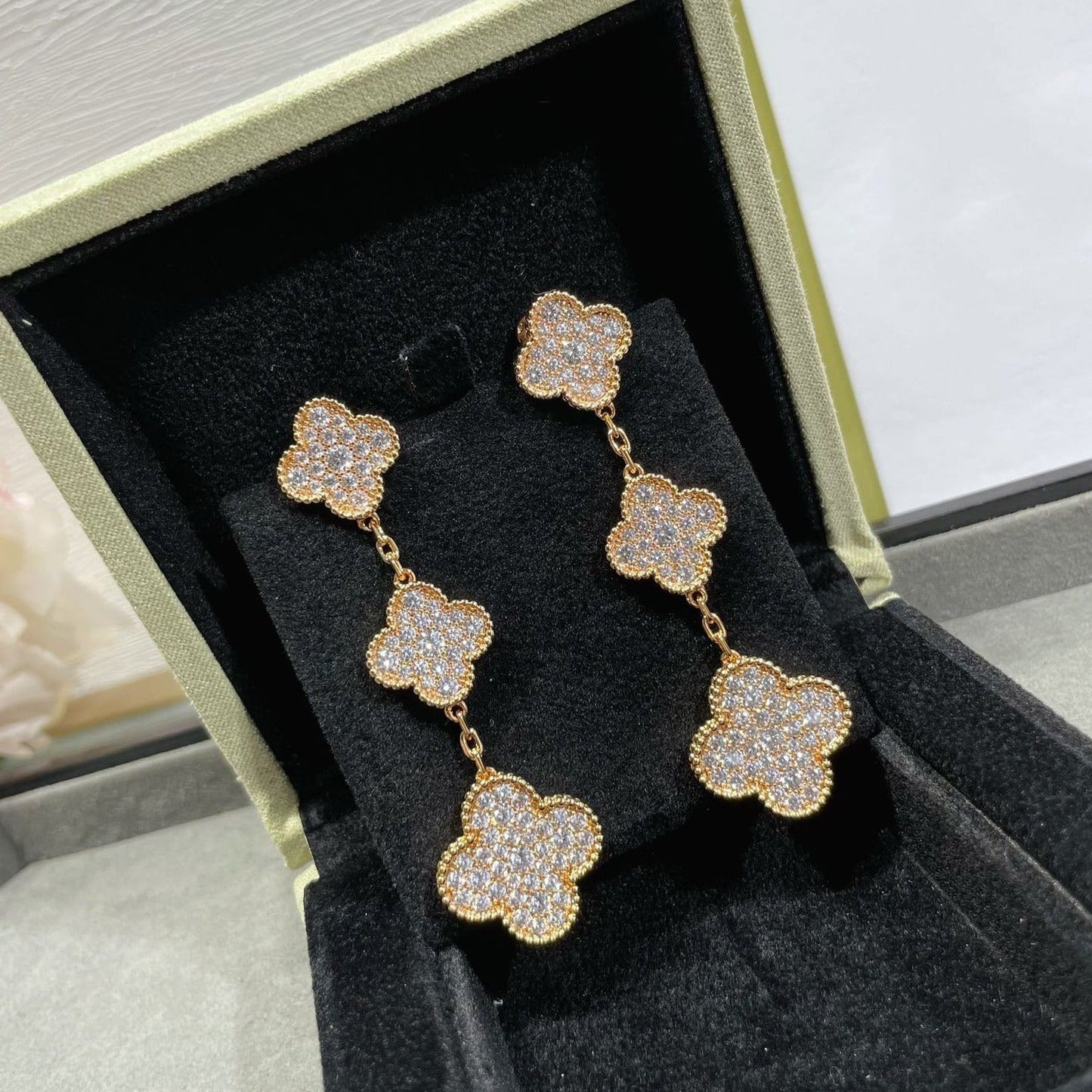 [Lumi Jewelry]CLOVER 3 MOTIFS DIAMOND PAVED ROSE GOLD EARRINGS