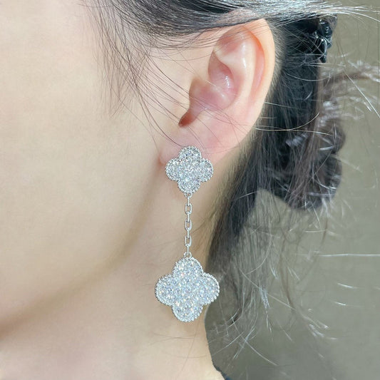 [Lumi Jewelry]CLOVER 2 MOTIFS DIAMOND PAVED SILVER EARRINGS