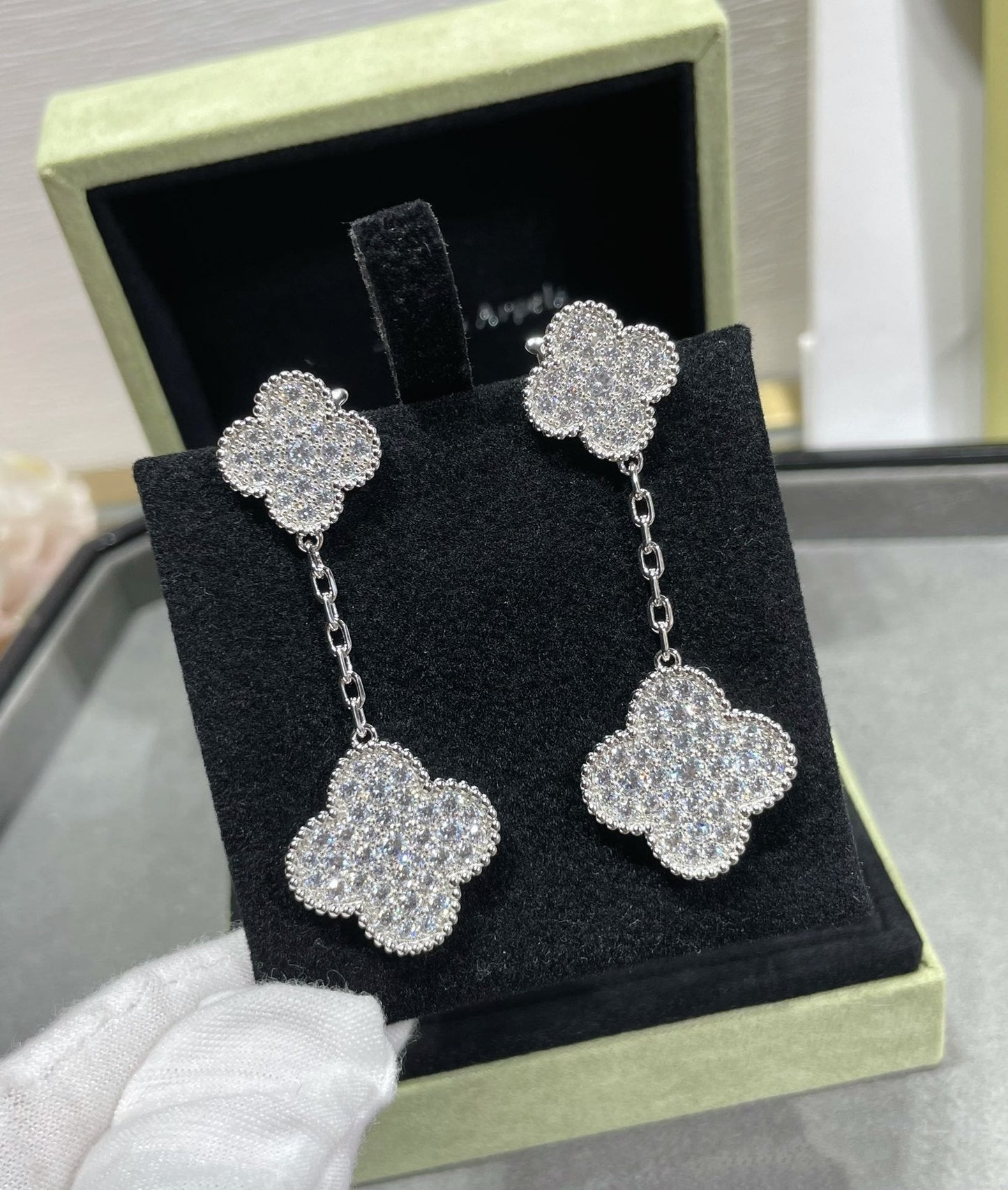 [Lumi Jewelry]CLOVER 2 MOTIFS DIAMOND PAVED SILVER EARRINGS