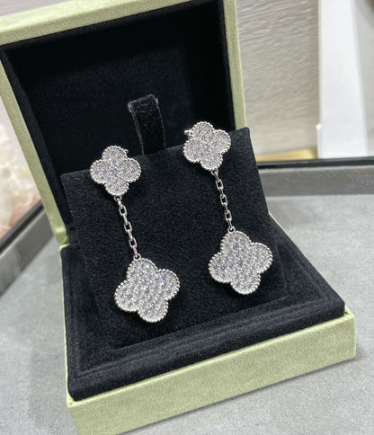 [Lumi Jewelry]CLOVER 2 MOTIFS DIAMOND PAVED SILVER EARRINGS