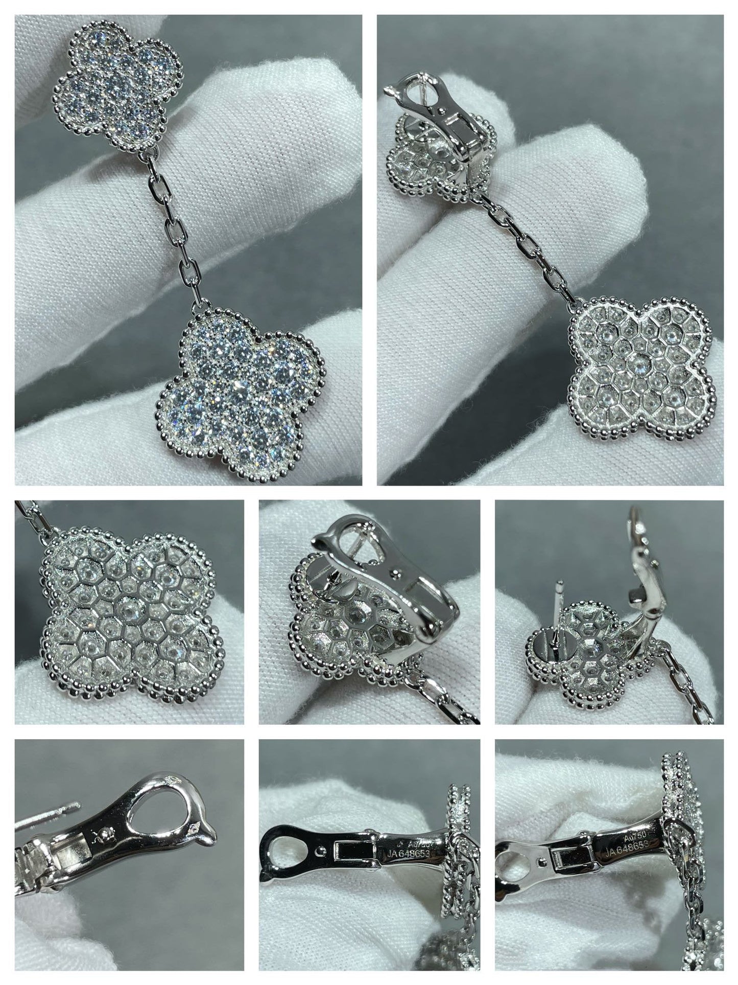 [Lumi Jewelry]CLOVER 2 MOTIFS DIAMOND PAVED SILVER EARRINGS