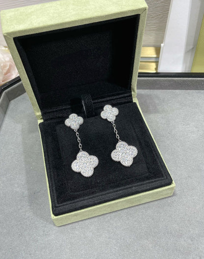 [Lumi Jewelry]CLOVER 2 MOTIFS DIAMOND PAVED SILVER EARRINGS