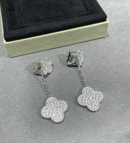 [Lumi Jewelry]CLOVER 2 MOTIFS DIAMOND PAVED SILVER EARRINGS