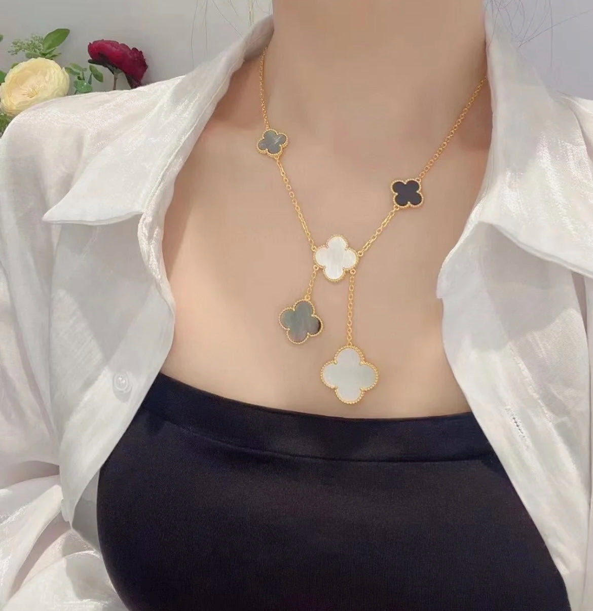 [Lumi Jewelry]CLOVER 6 MOTIF MOP ONYX GOLD NECKLACE