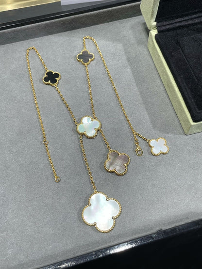 [Lumi Jewelry]CLOVER 6 MOTIF MOP ONYX GOLD NECKLACE