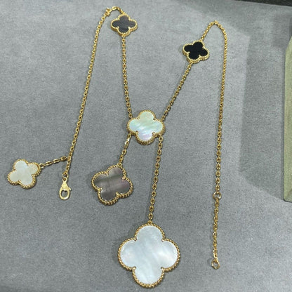 [Lumi Jewelry]CLOVER 6 MOTIF MOP ONYX GOLD NECKLACE