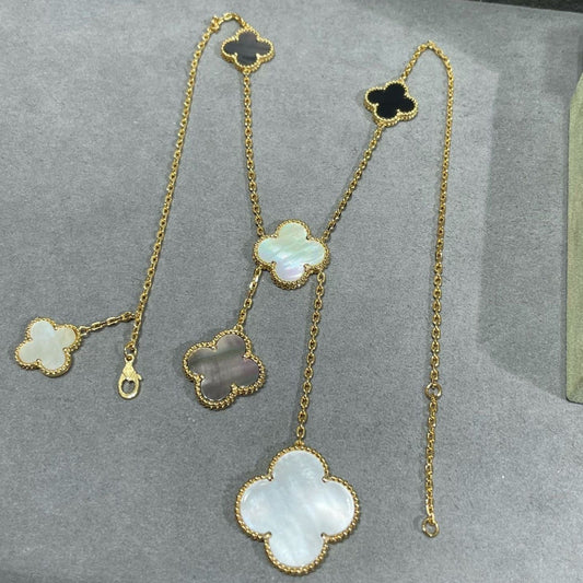 [Lumi Jewelry]CLOVER 6 MOTIF MOP ONYX GOLD NECKLACE