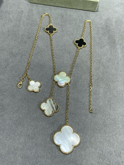 [Lumi Jewelry]CLOVER 6 MOTIF MOP ONYX GOLD NECKLACE