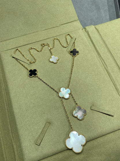 [Lumi Jewelry]CLOVER 6 MOTIF MOP ONYX GOLD NECKLACE